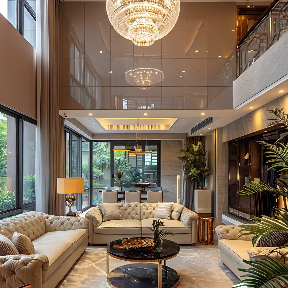 arafed living room with a lot of furniture and a chandelier