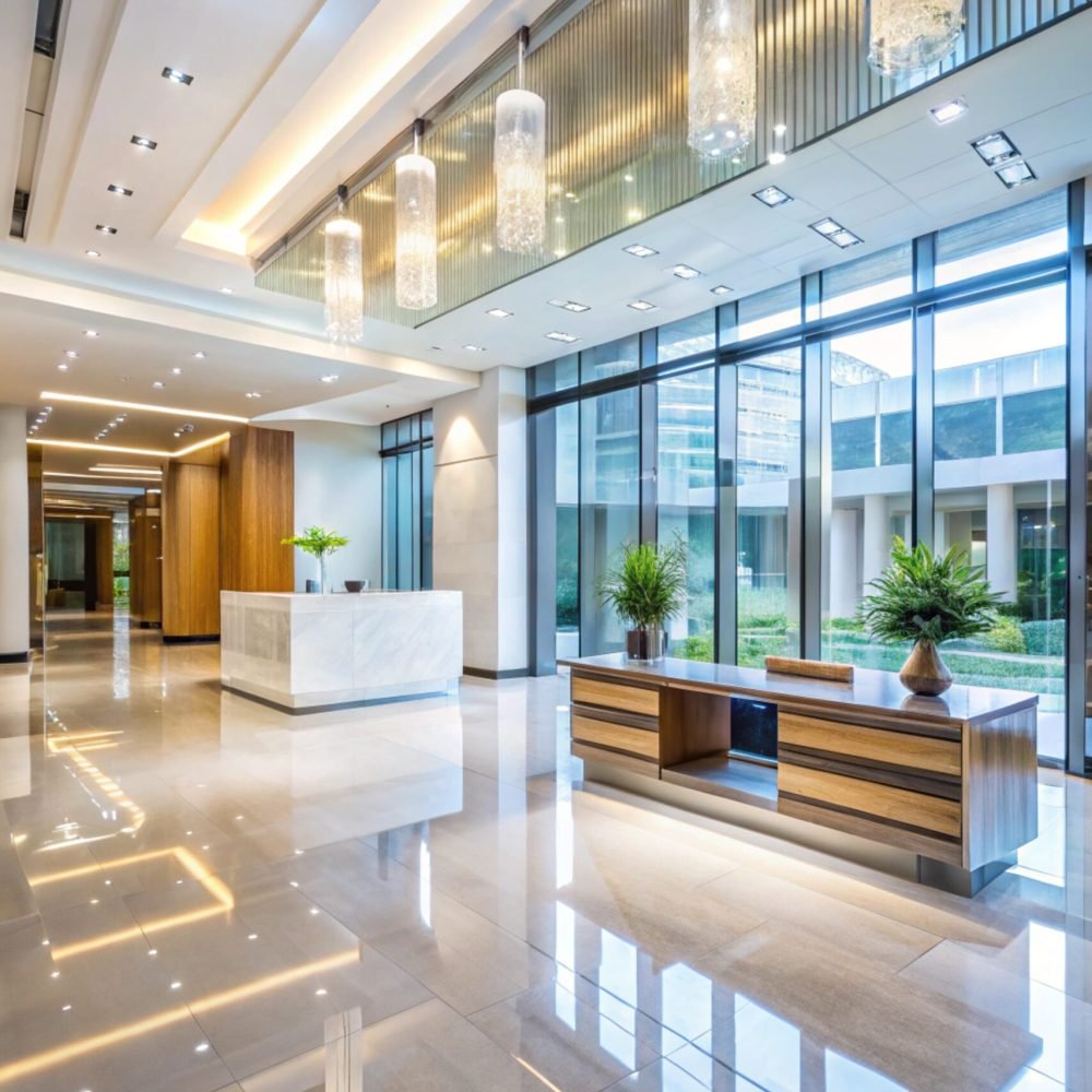 Blurred hotel or office building lobby blur background interior view toward reception hall, modern luxury white room space with blurry corridor and building glass wall window