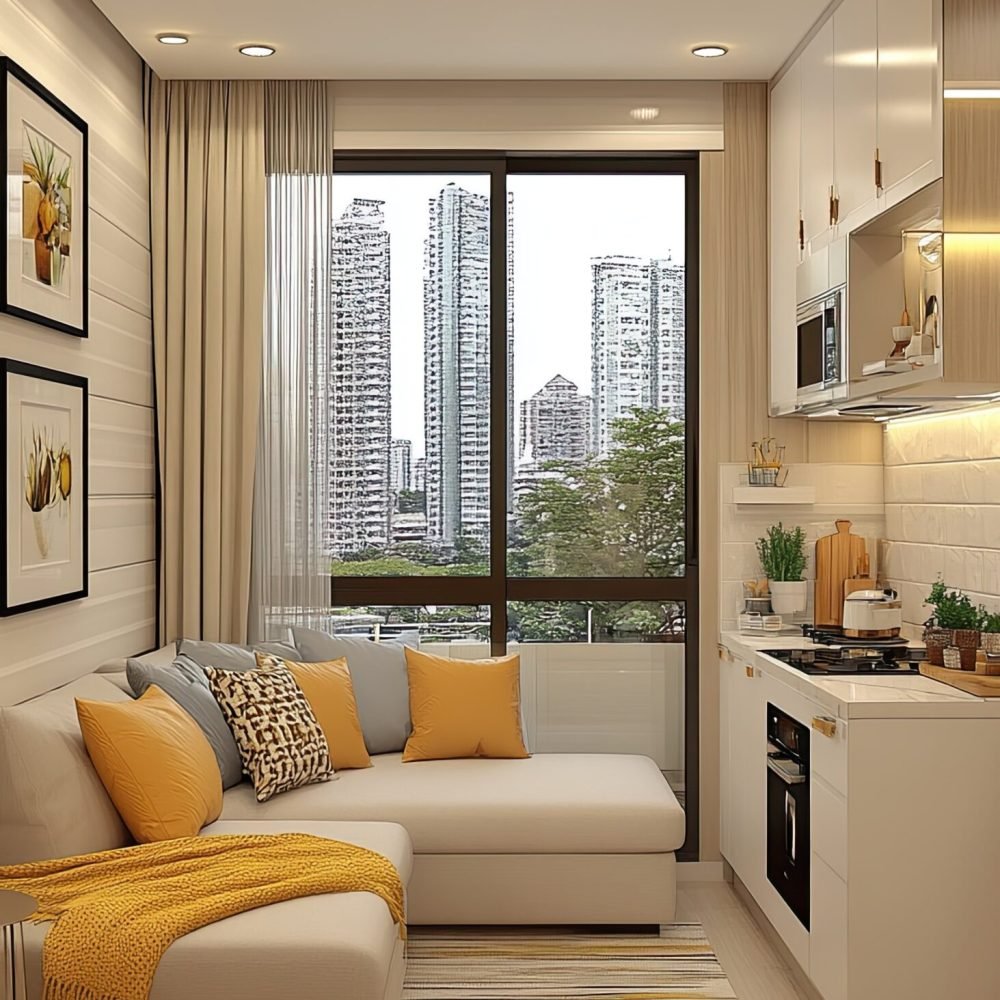 A bright and stylish living area features a light sofa and modern kitchen with city skyscrapers visible through large windows.