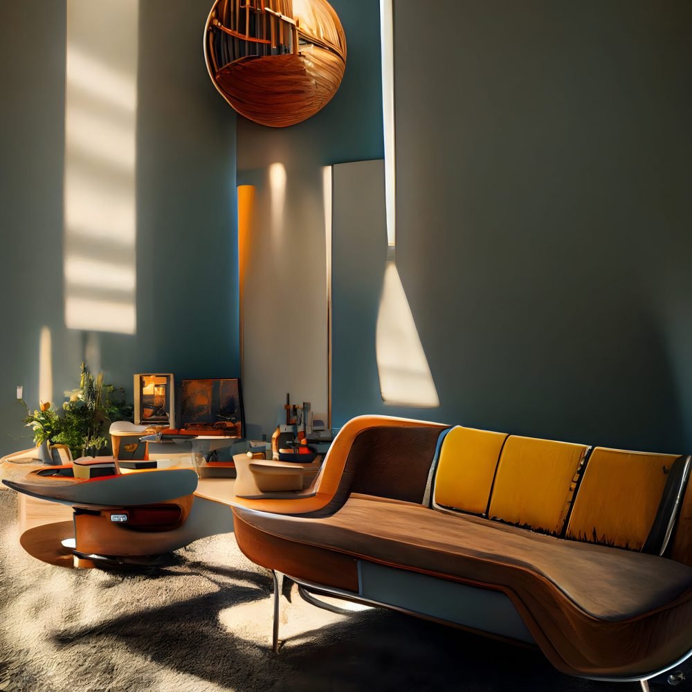 mid century modern style interior, neural network generated art. Digitally generated image. Not based on any actual scene or pattern.