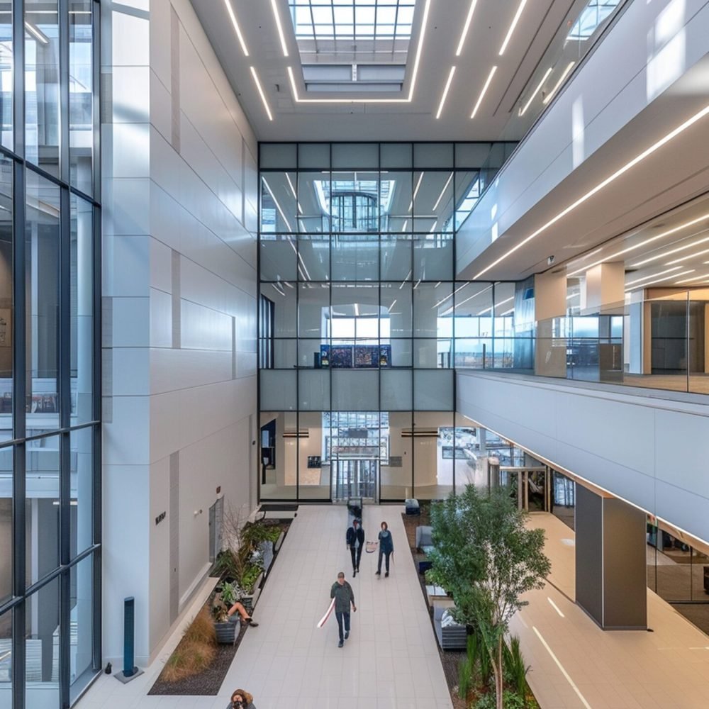 photo of Newly built, renovated, and expanded corporate facility with a bird's-eye top outdoor exterior view, modern architectural style, bright daytime lighting, wide-angle lenses,