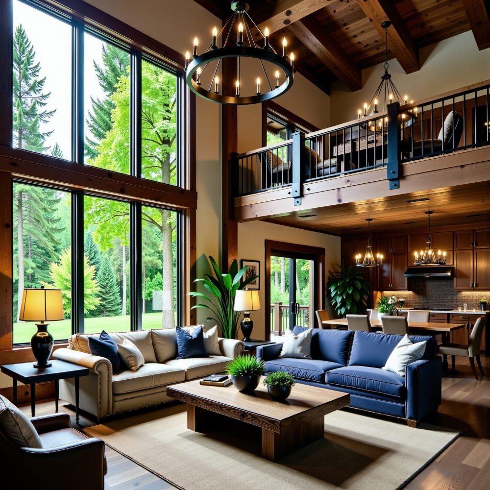 Rustic meets modern in this luxurious living space, featuring a spacious loft design, large windows offering stunning views of greenery, wooden beams, elegant lighting, and a cozy seating area perfect for relaxation or gatherings.